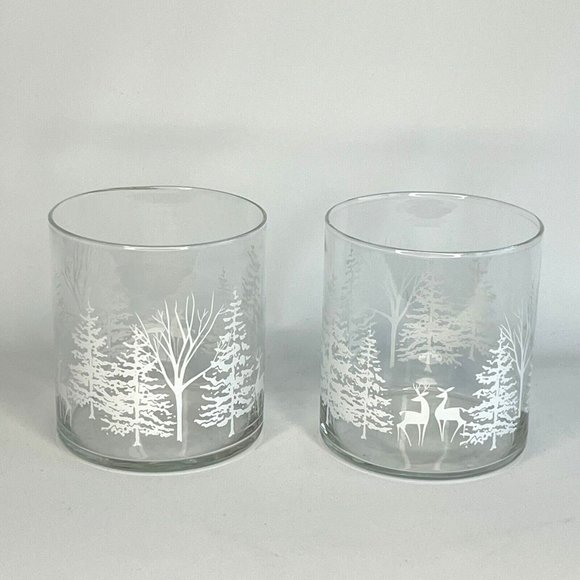 Libbey Christmas Winterland Snow Set of 2 Votive Candle Holder Vintage Trees 4" - Picture 2 of 13